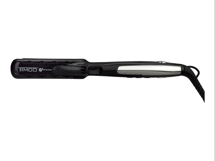 Plancha alisadora de cabello TIMCO color negro con placas grises, diseño moderno y ergonómico.