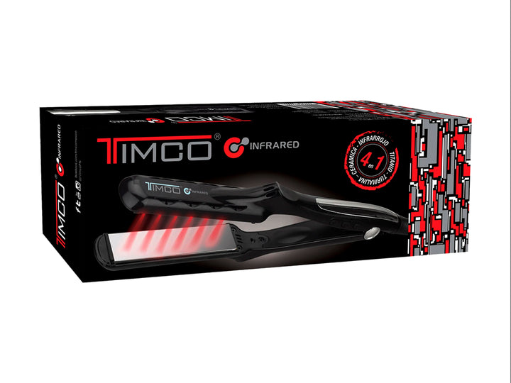 Plancha alisadora de cabello TIMCO color negro con placas grises, diseño moderno y ergonómico.