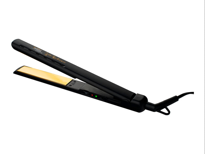 Plancha alisadora de cabello TIMCO en color negro con placas internas doradas y cable de alimentación.