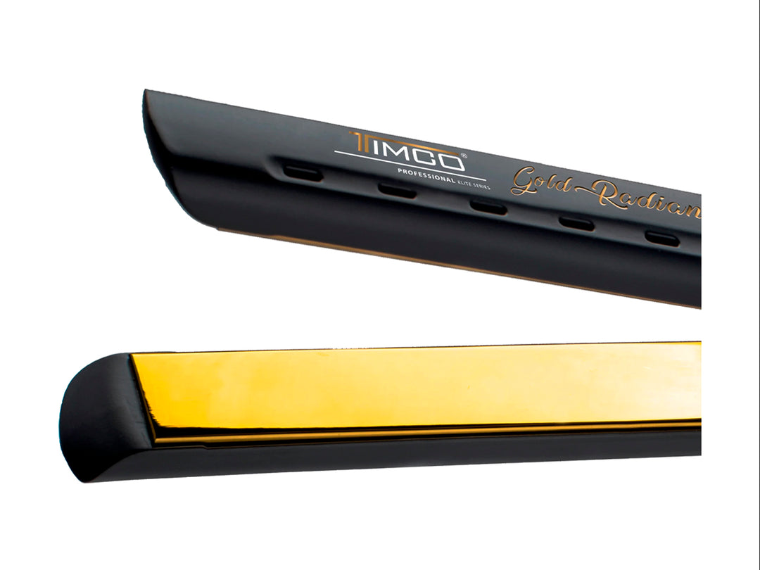 Plancha alisadora de cabello TIMCO en color negro con placas internas doradas y cable de alimentación.
