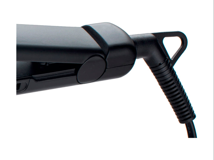 Plancha alisadora de cabello TIMCO en color negro con placas internas doradas y cable de alimentación.