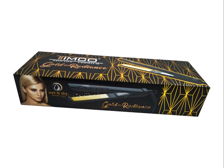 Plancha alisadora de cabello TIMCO en color negro con placas internas doradas y cable de alimentación.