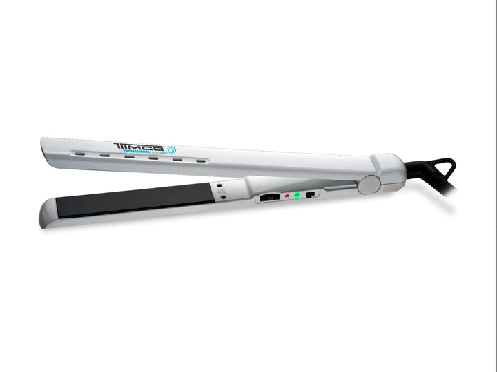 Plancha alaciadora para cabello marca TIMCO en color blanco con placas negras y diseño moderno.