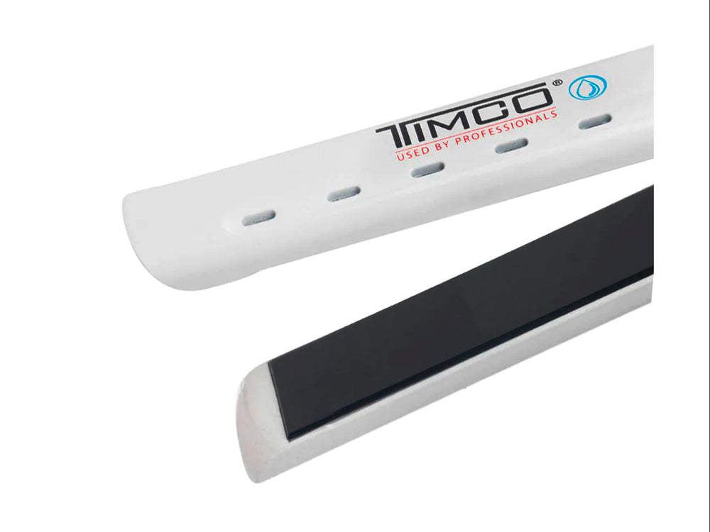Plancha alaciadora para cabello marca TIMCO en color blanco con placas negras y diseño moderno.
