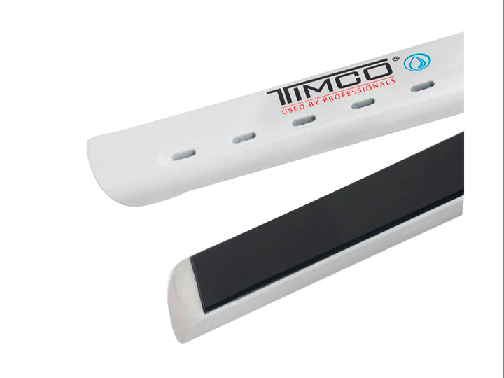 Plancha alaciadora para cabello marca TIMCO en color blanco con placas negras y diseño moderno.