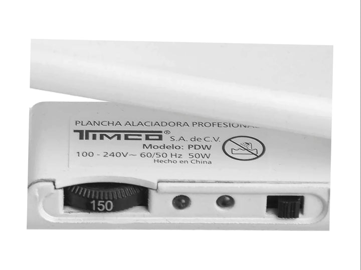 Plancha alaciadora para cabello marca TIMCO en color blanco con placas negras y diseño moderno.