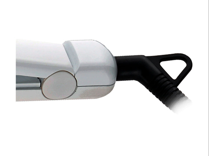 Plancha alaciadora para cabello marca TIMCO en color blanco con placas negras y diseño moderno.