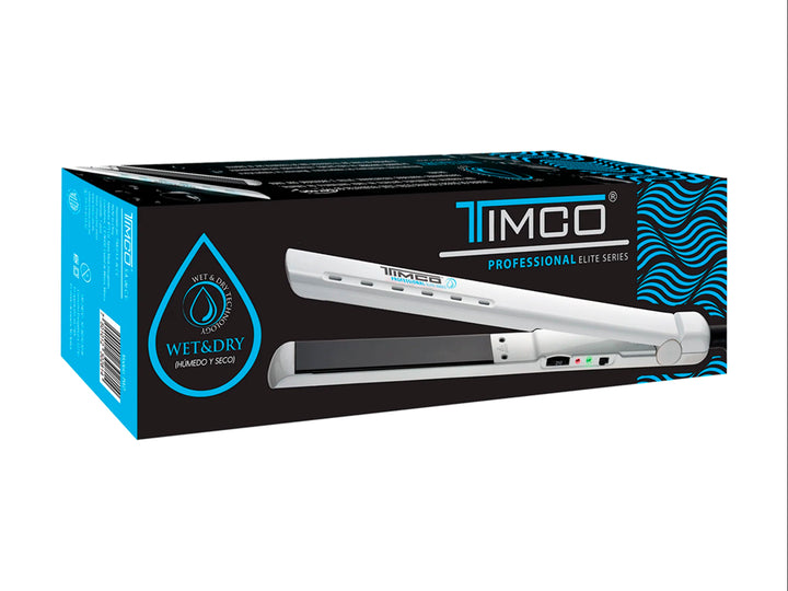 Plancha alaciadora para cabello marca TIMCO en color blanco con placas negras y diseño moderno.