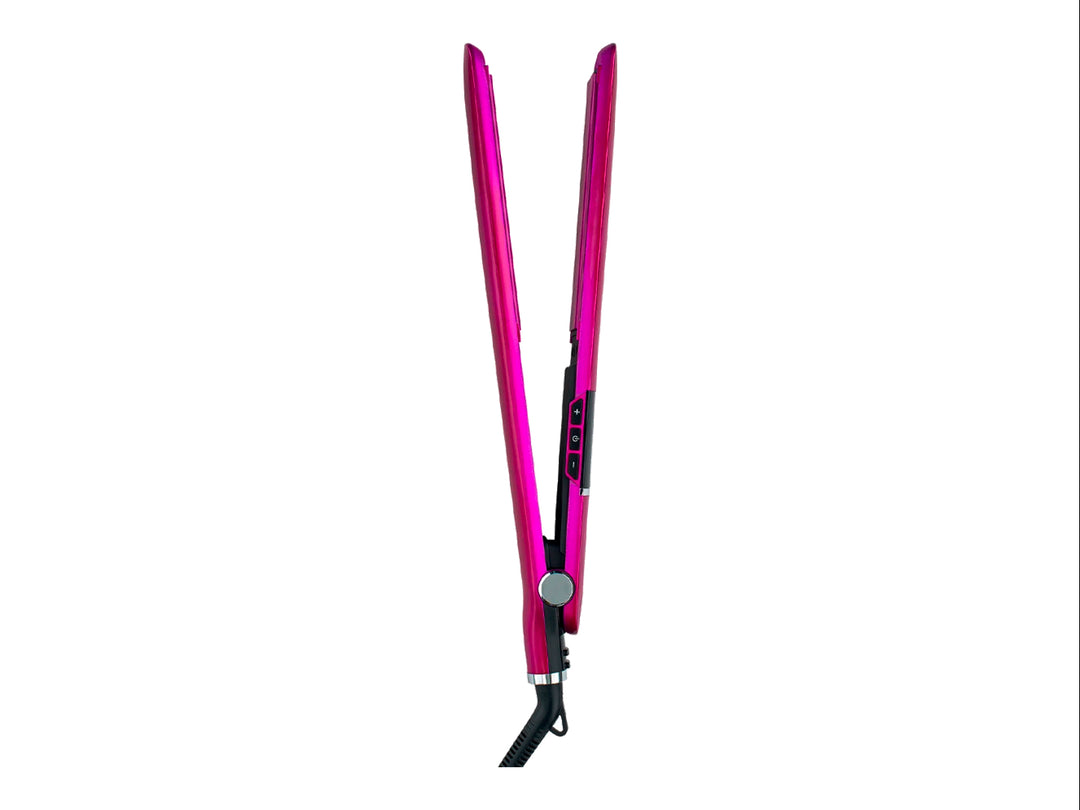 Plancha alisadora iónica TIMCO en color rosa fucsia con detalles en negro y acabado brillante.
