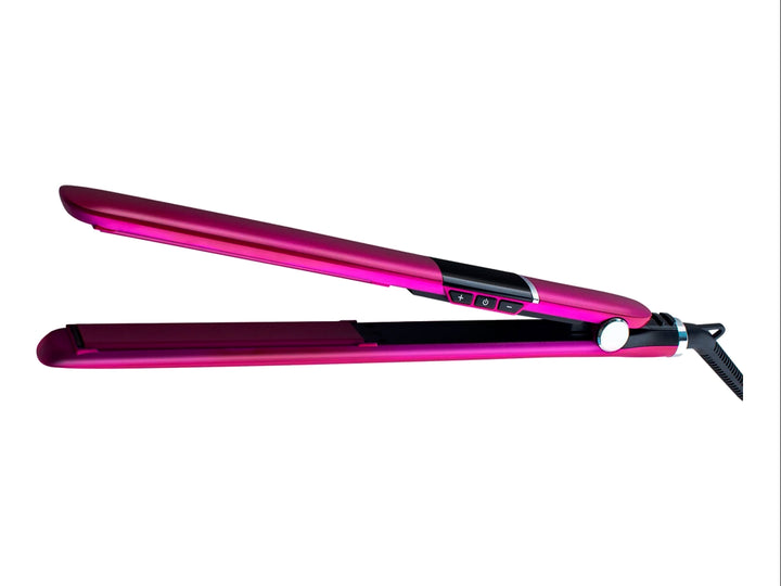 Plancha alisadora iónica TIMCO en color rosa fucsia con detalles en negro y acabado brillante.