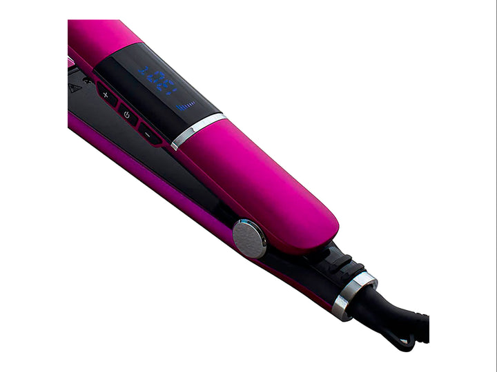 Plancha alisadora iónica TIMCO en color rosa fucsia con detalles en negro y acabado brillante.