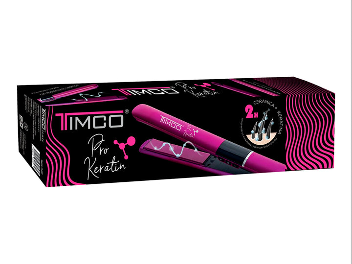 Plancha alisadora iónica TIMCO en color rosa fucsia con detalles en negro y acabado brillante.