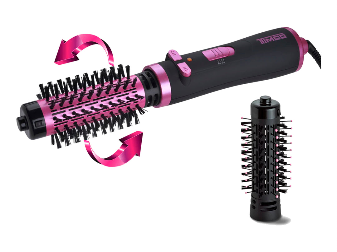 Cepillo de aire giratorio 360° TIMCO en color negro con detalles rosa fucsia para el cuidado del cabello.