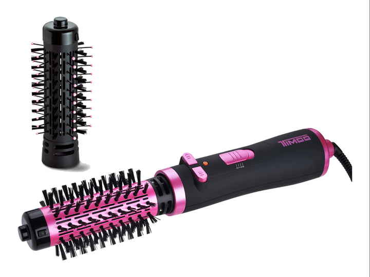 Cepillo de aire giratorio 360° TIMCO en color negro con detalles rosa fucsia para el cuidado del cabello.