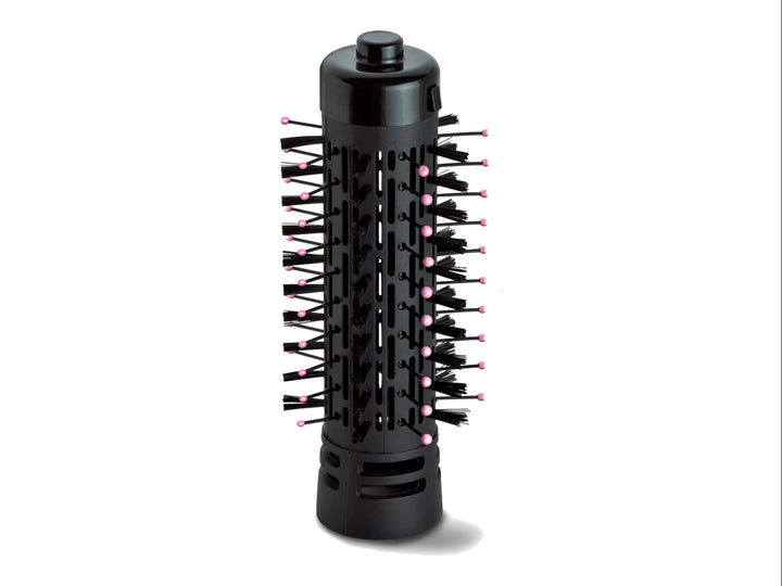 Cepillo de aire giratorio 360° TIMCO en color negro con detalles rosa fucsia para el cuidado del cabello.