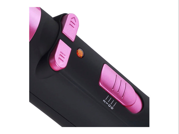 Cepillo de aire giratorio 360° TIMCO en color negro con detalles rosa fucsia para el cuidado del cabello.