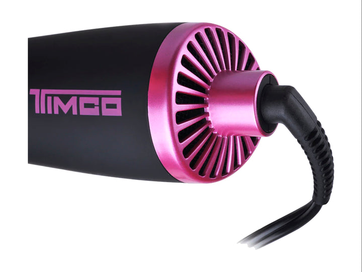 Cepillo de aire giratorio 360° TIMCO en color negro con detalles rosa fucsia para el cuidado del cabello.