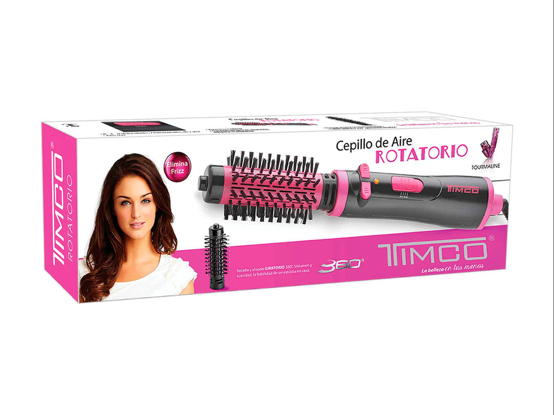 Cepillo de aire giratorio 360° TIMCO en color negro con detalles rosa fucsia para el cuidado del cabello.