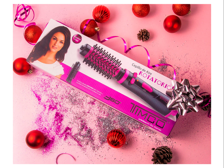 Cepillo de aire giratorio 360° TIMCO en color negro con detalles rosa fucsia para el cuidado del cabello.