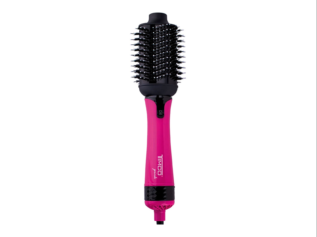 Cepillo eléctrico TIMCO de color rosa fucsia y negro con cabezal redondo.