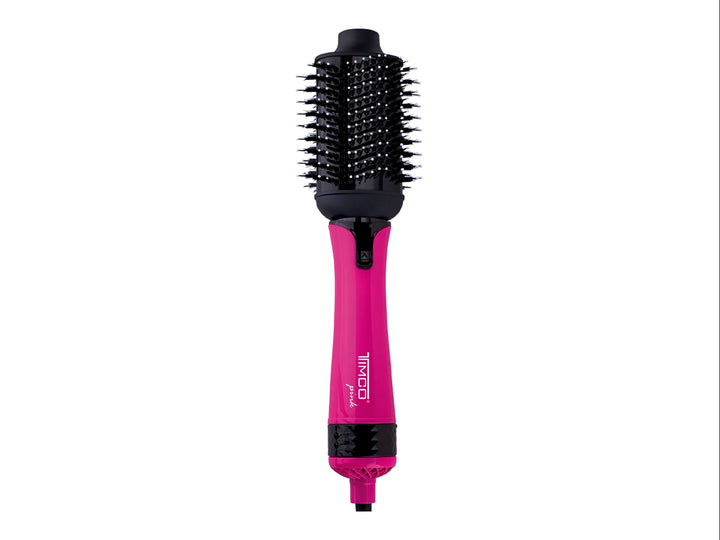Cepillo eléctrico TIMCO de color rosa fucsia y negro con cabezal redondo.