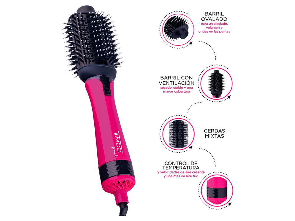 Cepillo eléctrico TIMCO de color rosa fucsia y negro con cabezal redondo.