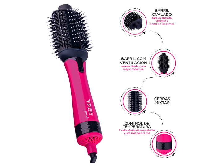 Cepillo eléctrico TIMCO de color rosa fucsia y negro con cabezal redondo.