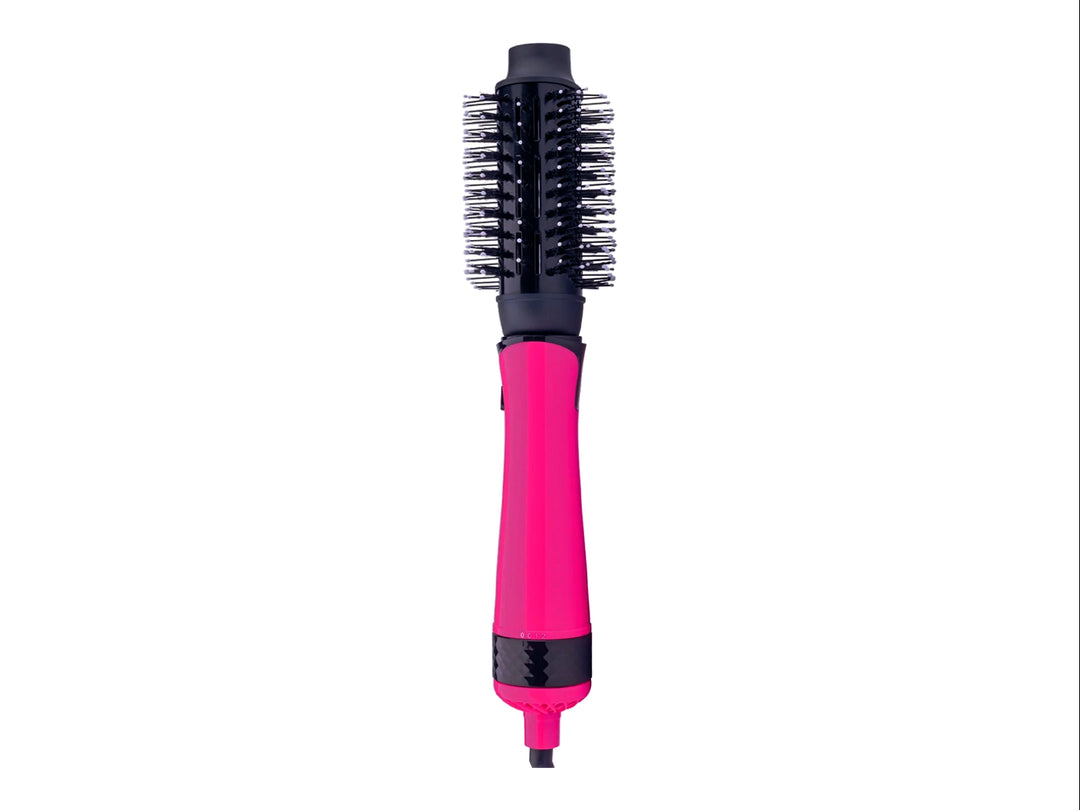 Cepillo eléctrico TIMCO de color rosa fucsia y negro con cabezal redondo.