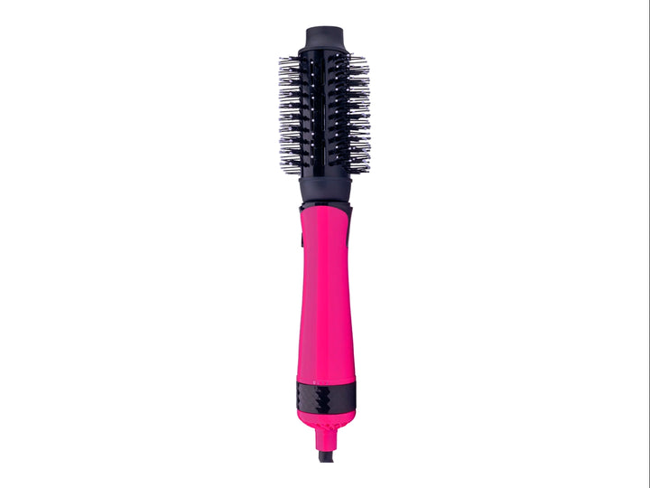 Cepillo eléctrico TIMCO de color rosa fucsia y negro con cabezal redondo.