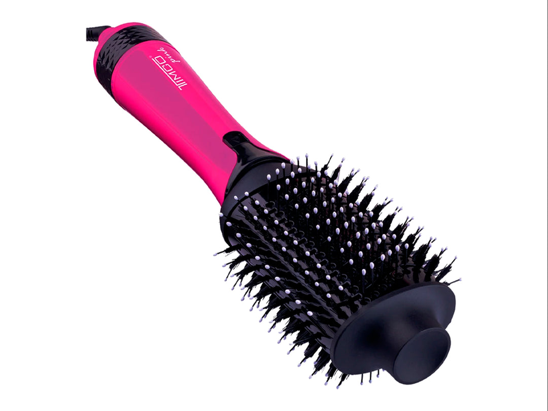 Cepillo eléctrico TIMCO de color rosa fucsia y negro con cabezal redondo.