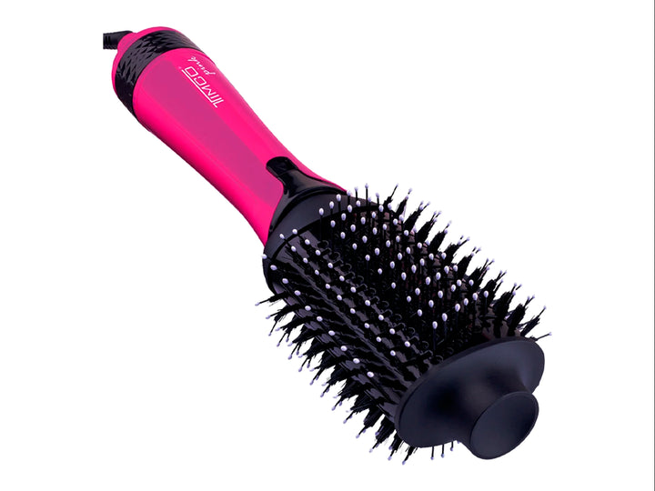 Cepillo eléctrico TIMCO de color rosa fucsia y negro con cabezal redondo.