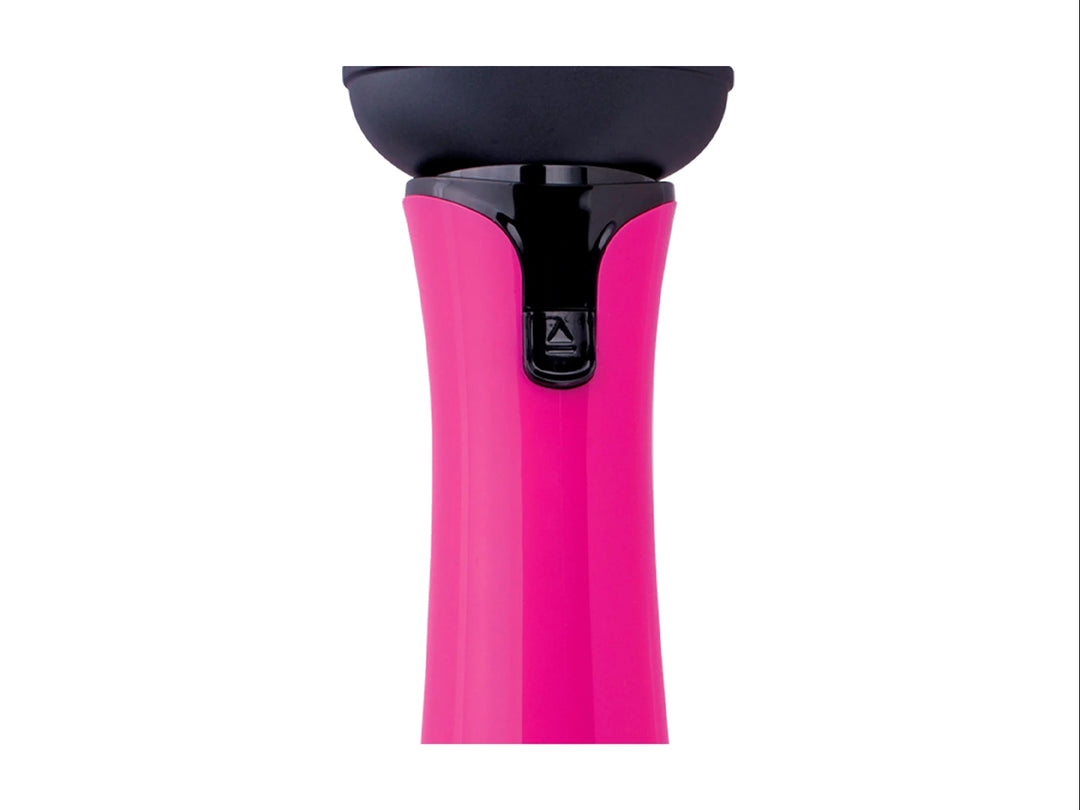 Cepillo eléctrico TIMCO de color rosa fucsia y negro con cabezal redondo.