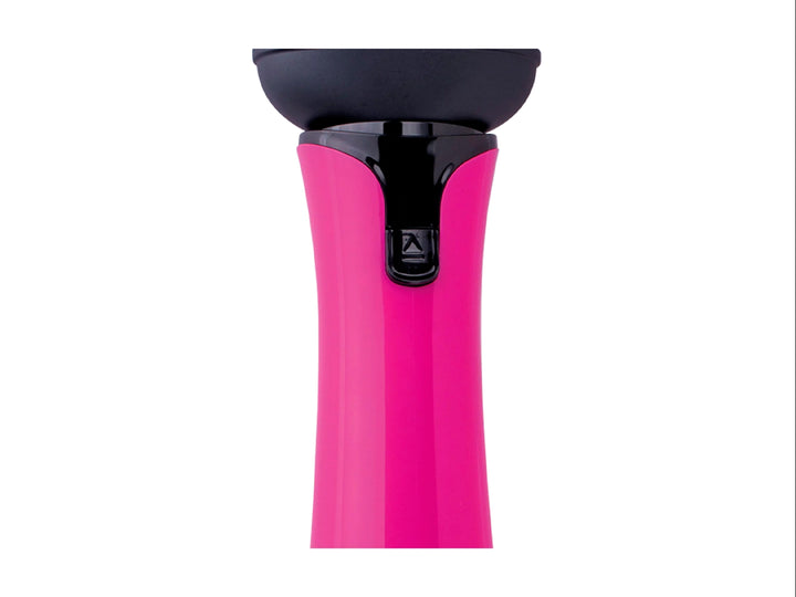 Cepillo eléctrico TIMCO de color rosa fucsia y negro con cabezal redondo.