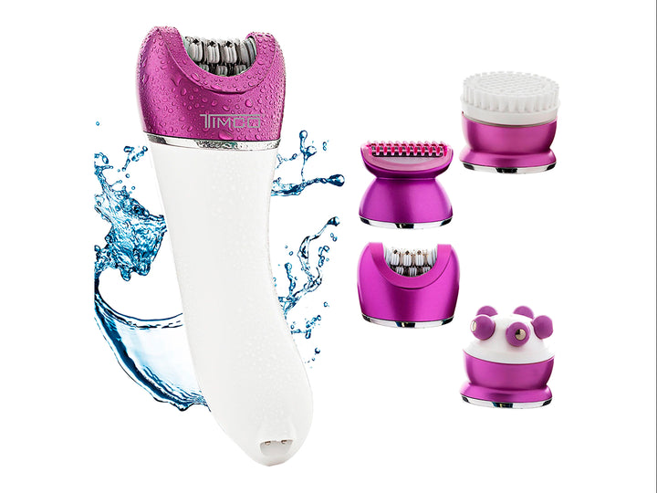 Depiladora recargable TIMCO 4 en 1 color morado y blanco con cuatro cabezales intercambiables sobre fondo blanco.