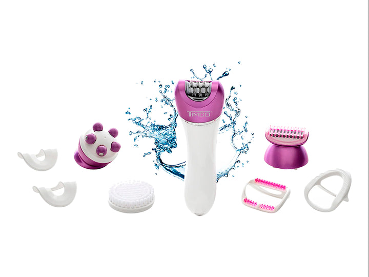 Depiladora recargable TIMCO 4 en 1 color morado y blanco con cuatro cabezales intercambiables sobre fondo blanco.