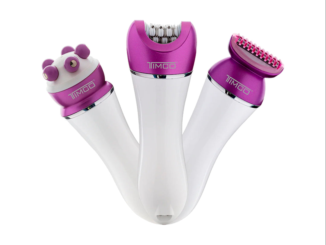 Depiladora recargable TIMCO 4 en 1 color morado y blanco con cuatro cabezales intercambiables sobre fondo blanco.