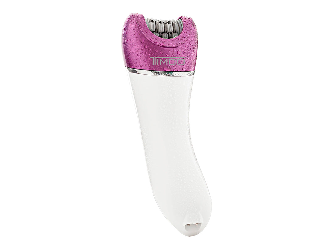 Depiladora recargable TIMCO 4 en 1 color morado y blanco con cuatro cabezales intercambiables sobre fondo blanco.