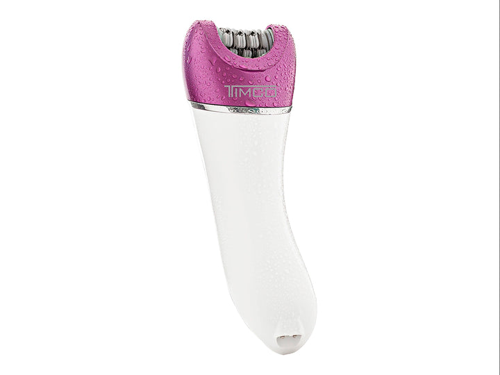 Depiladora recargable TIMCO 4 en 1 color morado y blanco con cuatro cabezales intercambiables sobre fondo blanco.