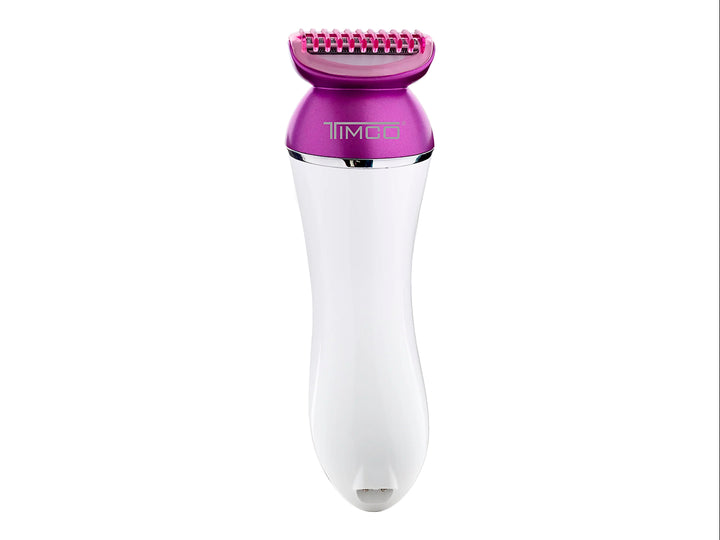 Depiladora recargable TIMCO 4 en 1 color morado y blanco con cuatro cabezales intercambiables sobre fondo blanco.