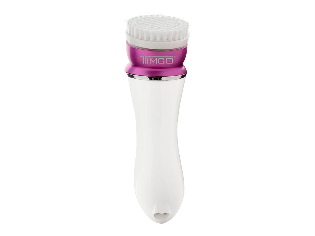 Depiladora recargable TIMCO 4 en 1 color morado y blanco con cuatro cabezales intercambiables sobre fondo blanco.