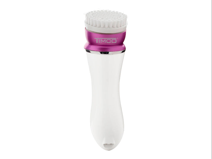 Depiladora recargable TIMCO 4 en 1 color morado y blanco con cuatro cabezales intercambiables sobre fondo blanco.