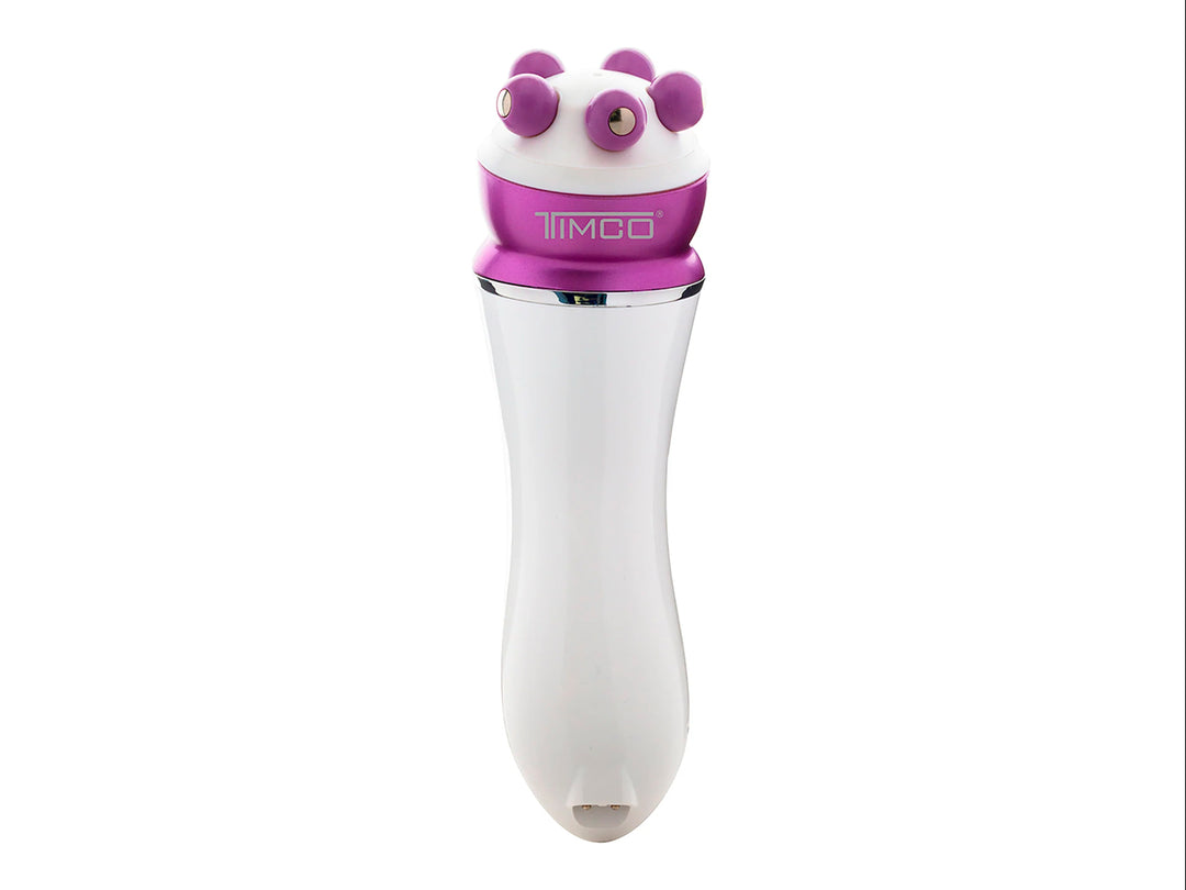 Depiladora recargable TIMCO 4 en 1 color morado y blanco con cuatro cabezales intercambiables sobre fondo blanco.