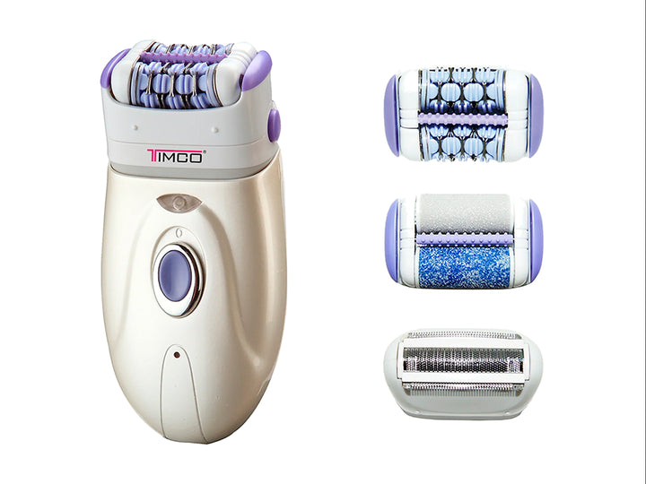 Depiladora recargable TIMCO 3 en 1 color blanco y morado con tres cabezales intercambiables sobre fondo blanco.
