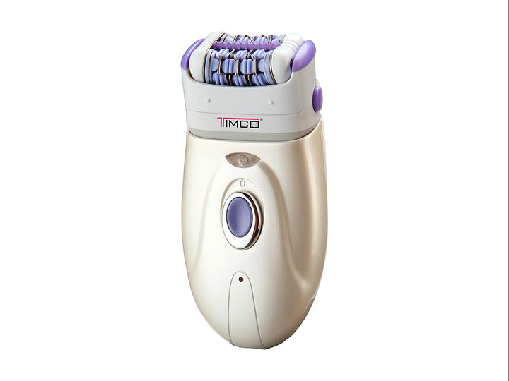 Depiladora recargable TIMCO 3 en 1 color blanco y morado con tres cabezales intercambiables sobre fondo blanco.