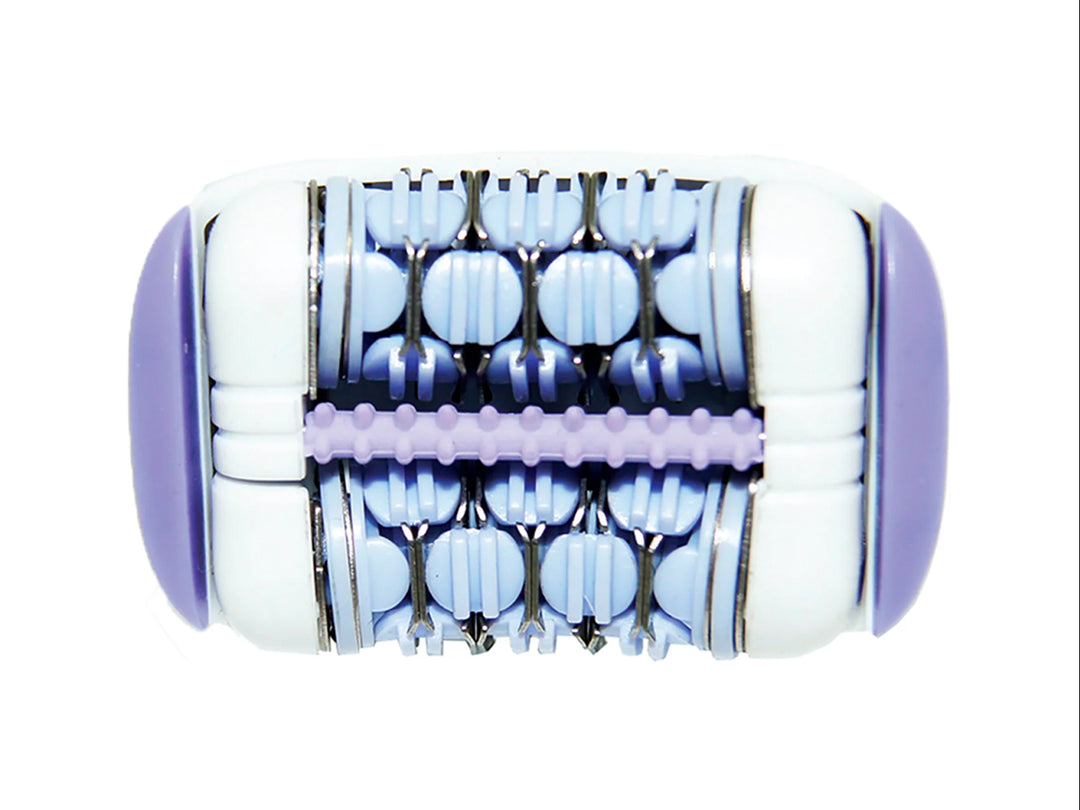 Depiladora recargable TIMCO 3 en 1 color blanco y morado con tres cabezales intercambiables sobre fondo blanco.