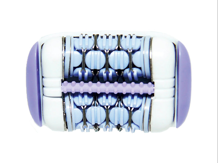 Depiladora recargable TIMCO 3 en 1 color blanco y morado con tres cabezales intercambiables sobre fondo blanco.