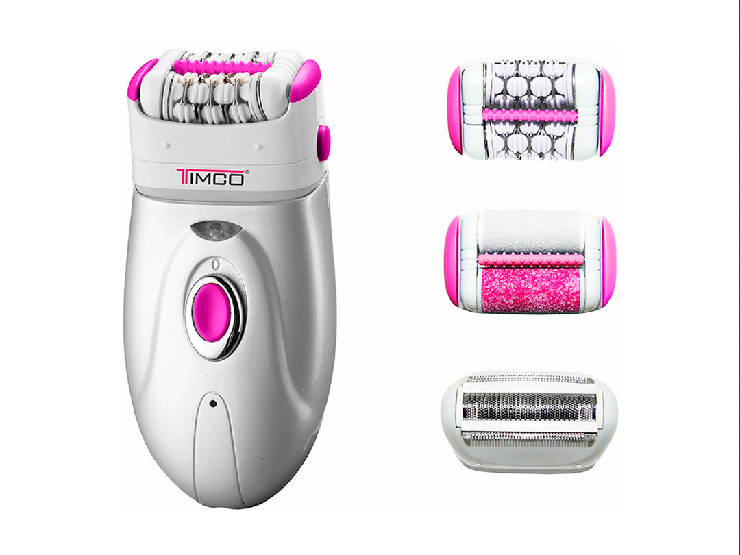 Depiladora recargable TIMCO 3 en 1 de color blanco con detalles en rosa y tres cabezales intercambiables.