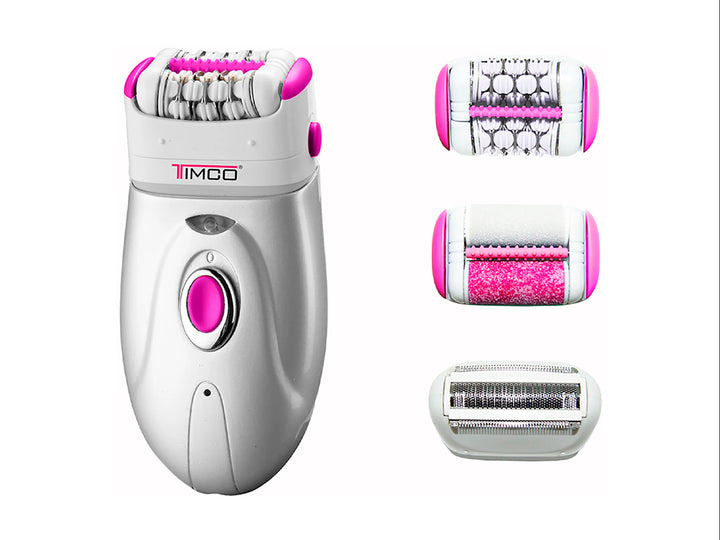 Depiladora recargable TIMCO 3 en 1 de color blanco con detalles en rosa y tres cabezales intercambiables.