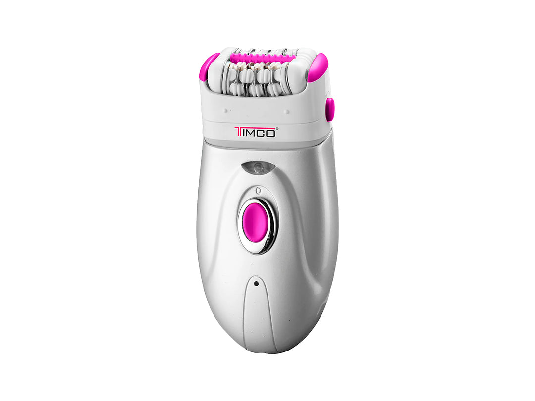 Depiladora recargable TIMCO 3 en 1 de color blanco con detalles en rosa y tres cabezales intercambiables.