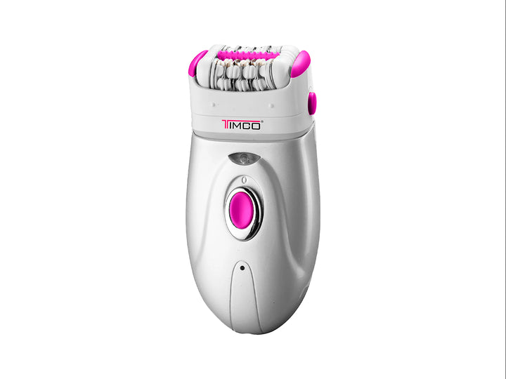 Depiladora recargable TIMCO 3 en 1 de color blanco con detalles en rosa y tres cabezales intercambiables.